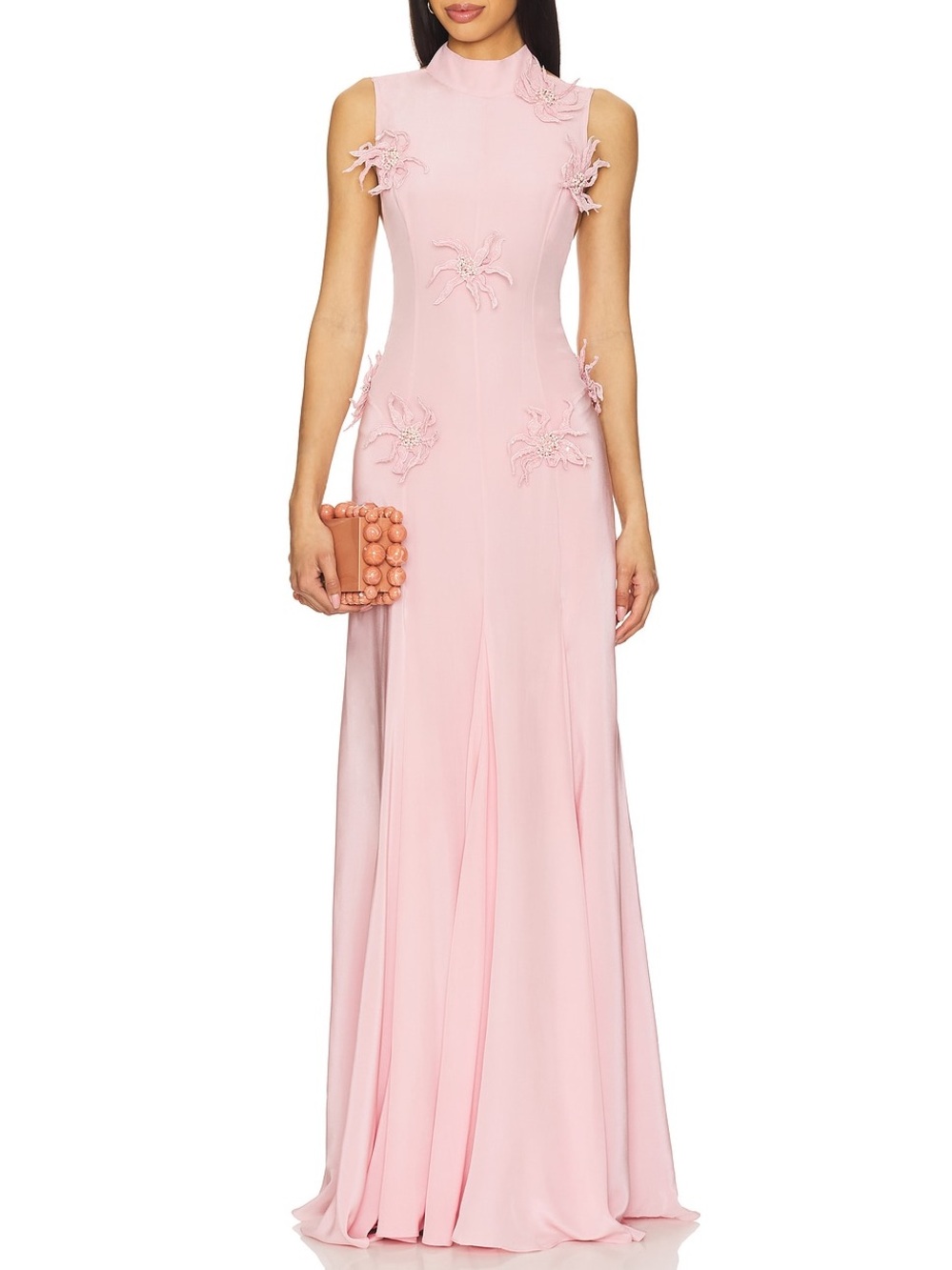 La Fuori Backless Maxi Dress Pink Floral Appliqué Open Back Evening Gown S NWT